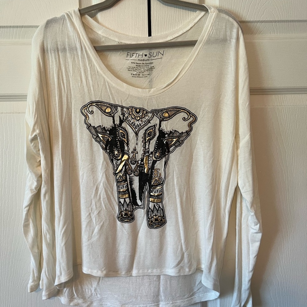 White lightweight long sleeve elephant graphic tee